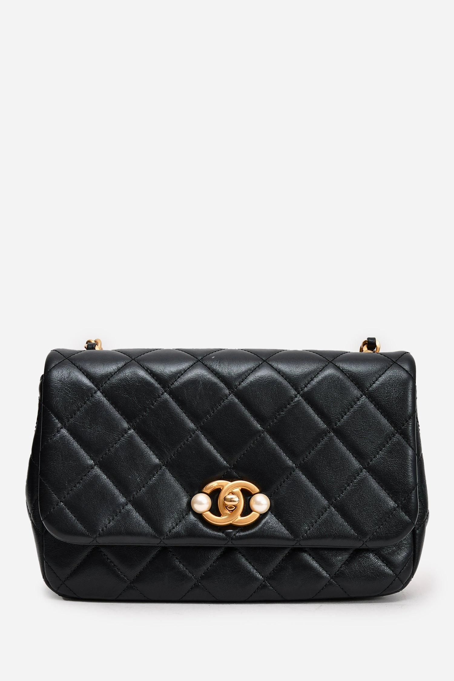 Chanel Black Glazed Leather Pearl Embellished Small Flap Bag