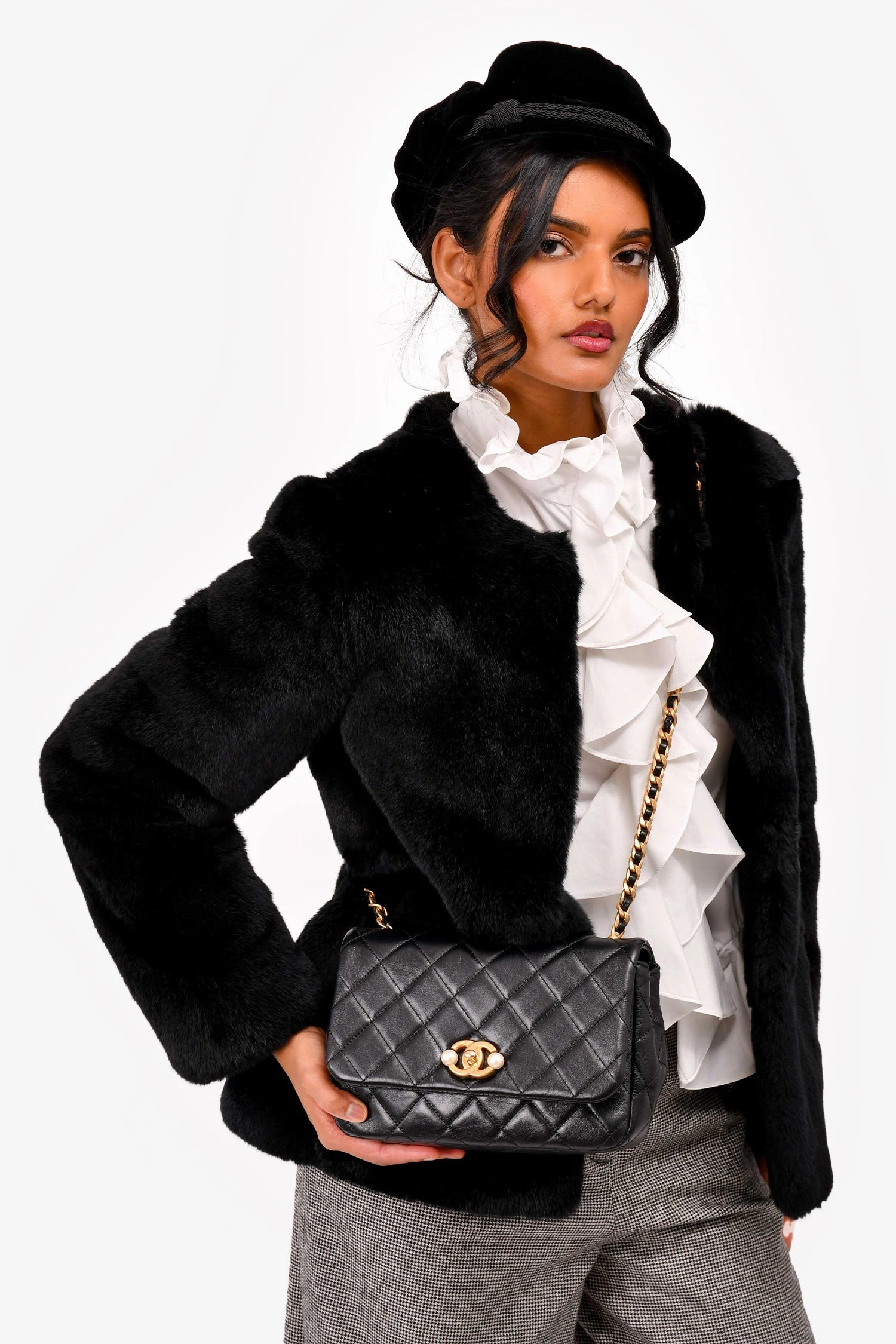 Chanel Black Glazed Leather Pearl Embellished Small Flap Bag