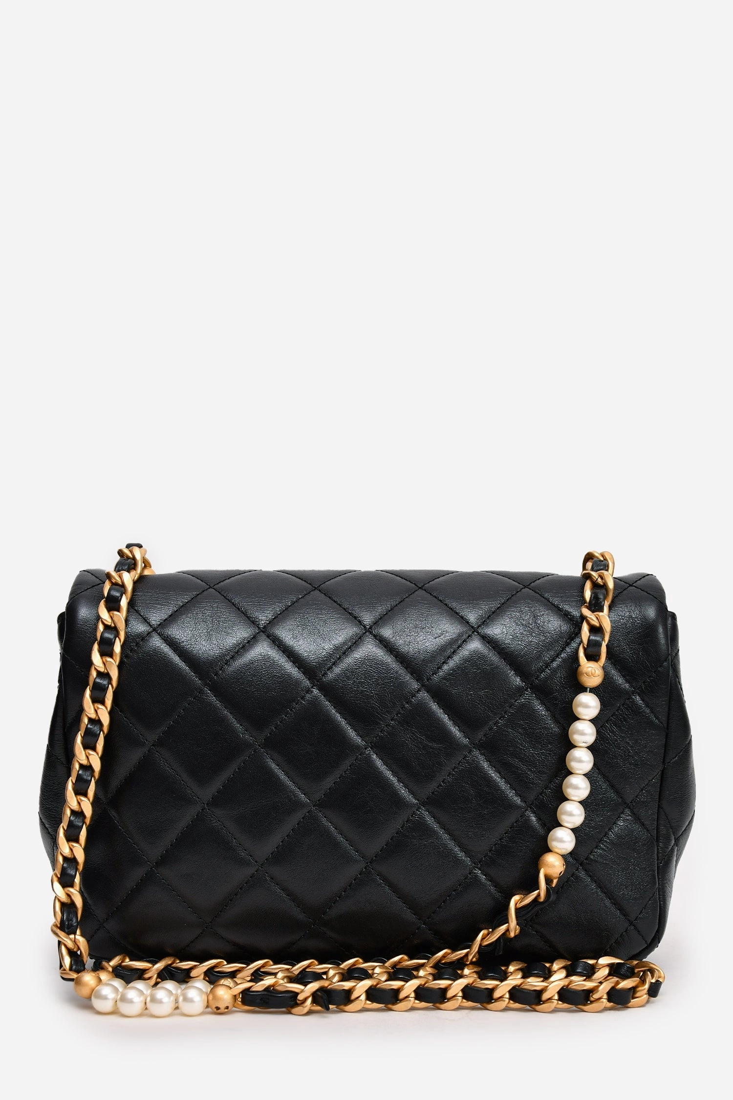 Chanel Black Glazed Leather Pearl Embellished Small Flap Bag