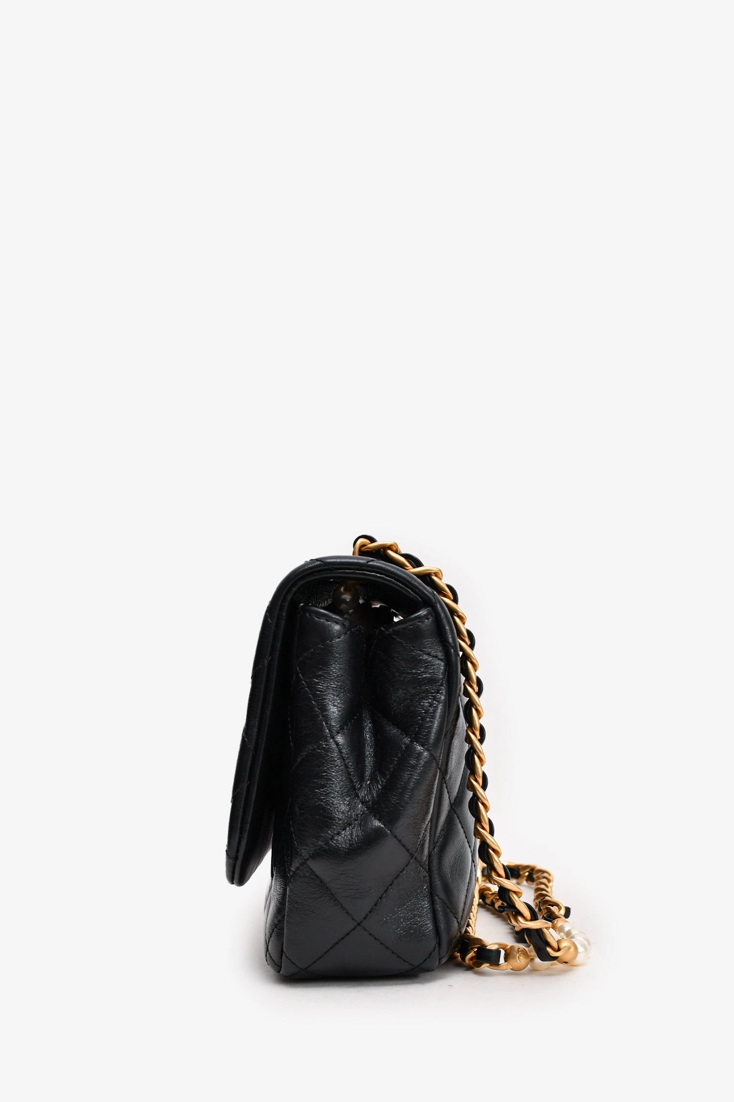 Chanel Black Glazed Leather Pearl Embellished Small Flap Bag