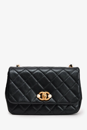 Chanel Black Glazed Leather Pearl Embellished Small Flap Bag