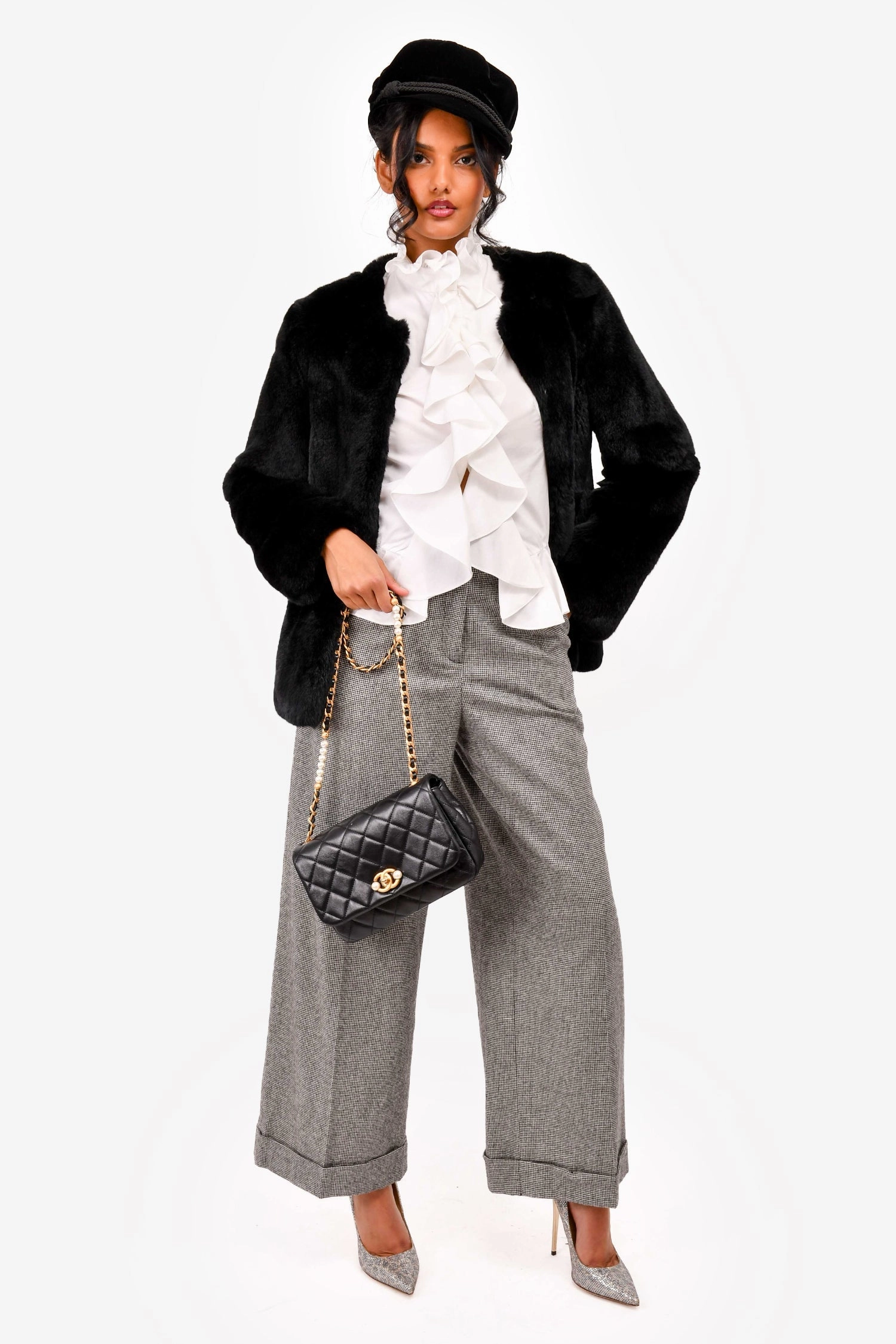 Chanel Black Glazed Leather Pearl Embellished Small Flap Bag