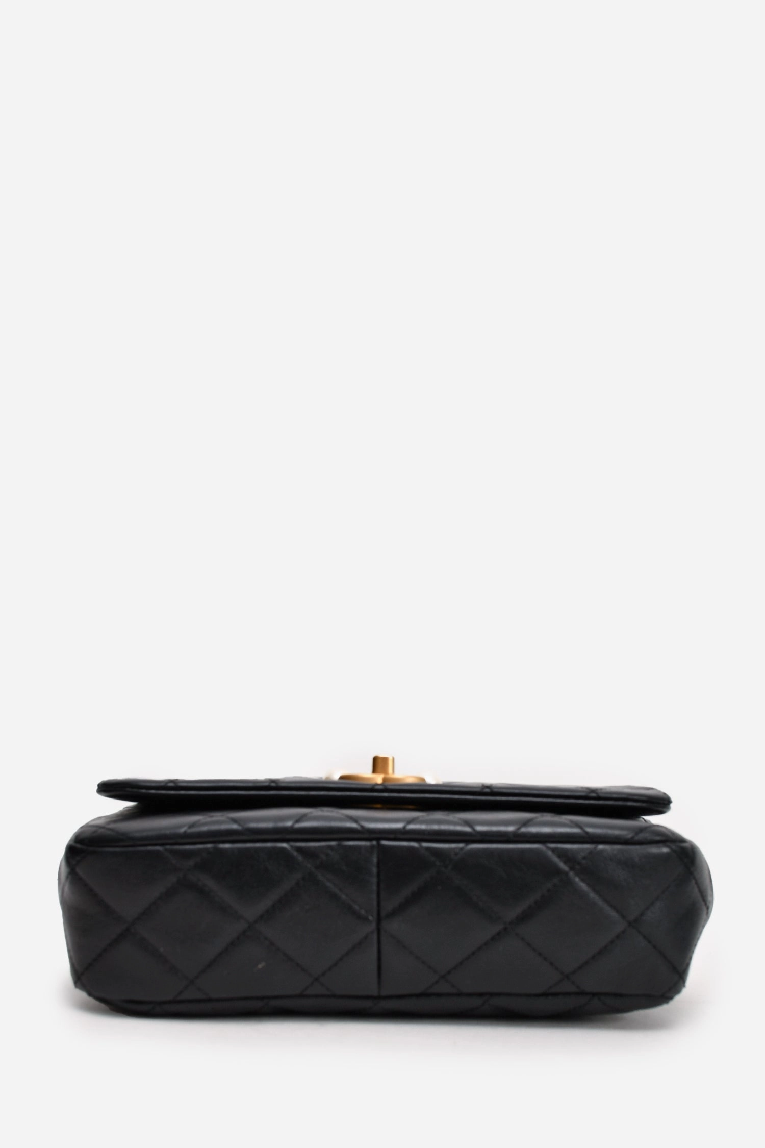 Chanel Black Glazed Leather Pearl Embellished Small Flap Bag