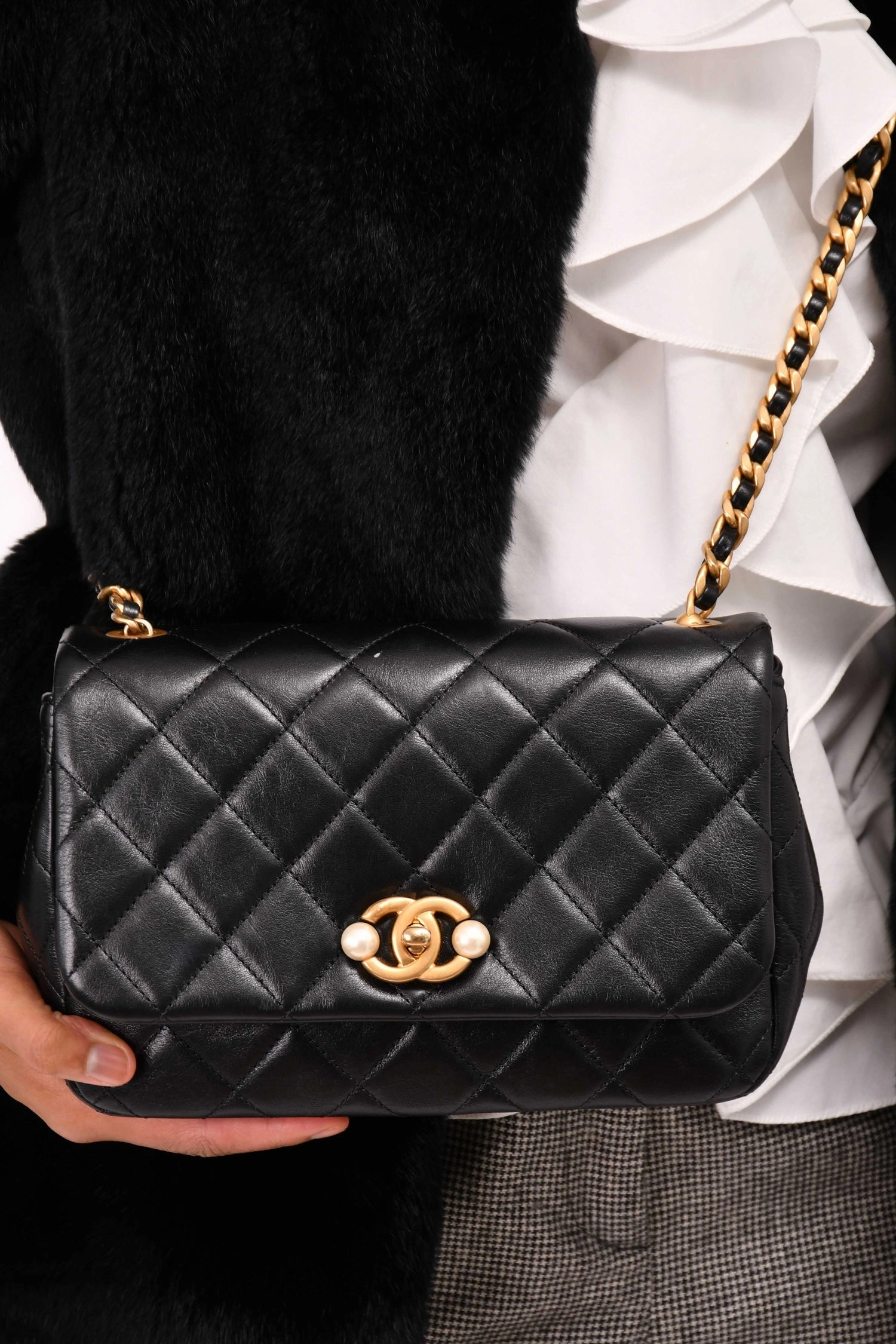 Chanel Black Glazed Leather Pearl Embellished Small Flap Bag