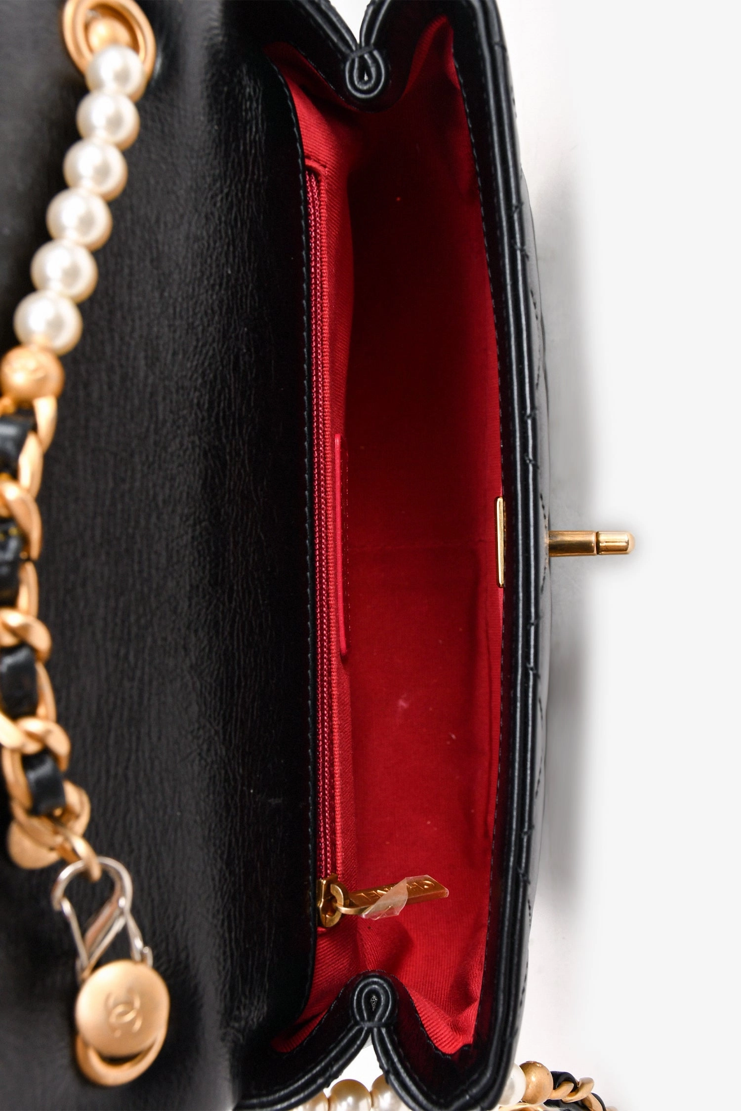 Chanel Black Glazed Leather Pearl Embellished Small Flap Bag