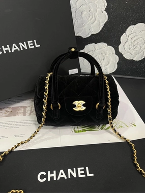 Chanel Black Gold Velvet Bowling Crossbody Bag