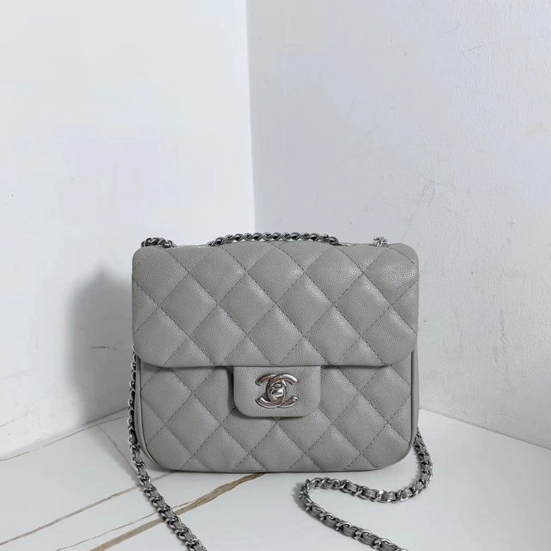 Chanel Classic Flap Square Calfskin Crossbody Bag Grey Medium