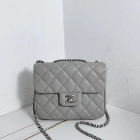 Chanel Classic Flap Square Calfskin Crossbody Bag Grey Medium