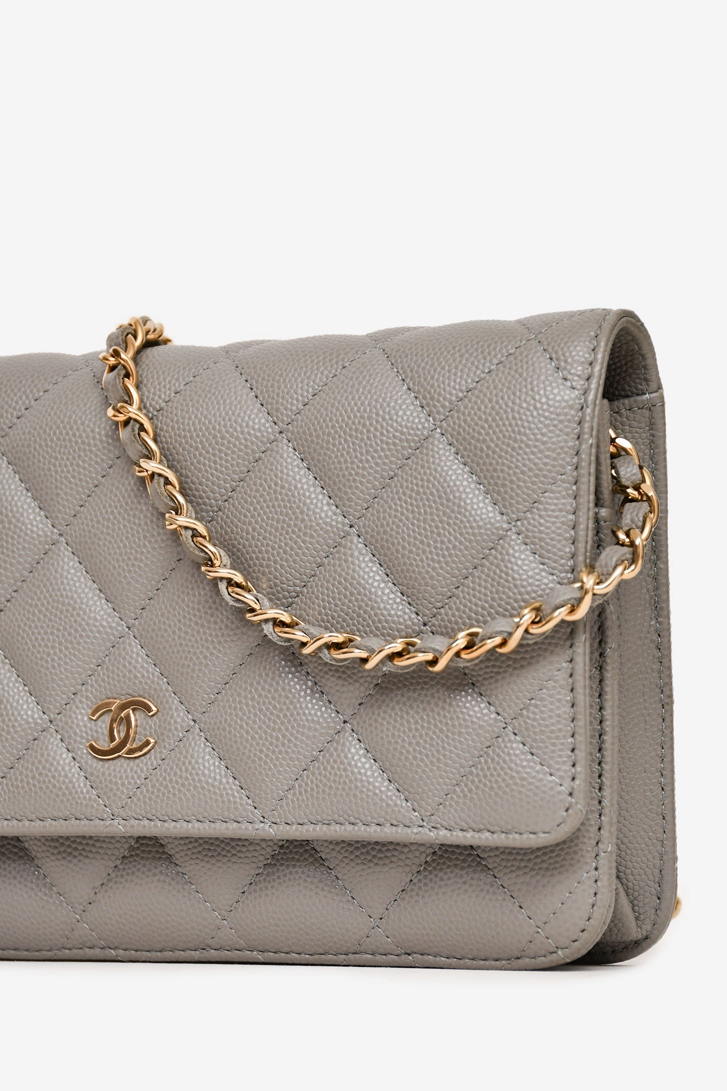 Chanel Grey Caviar Leather Wallet On Chain