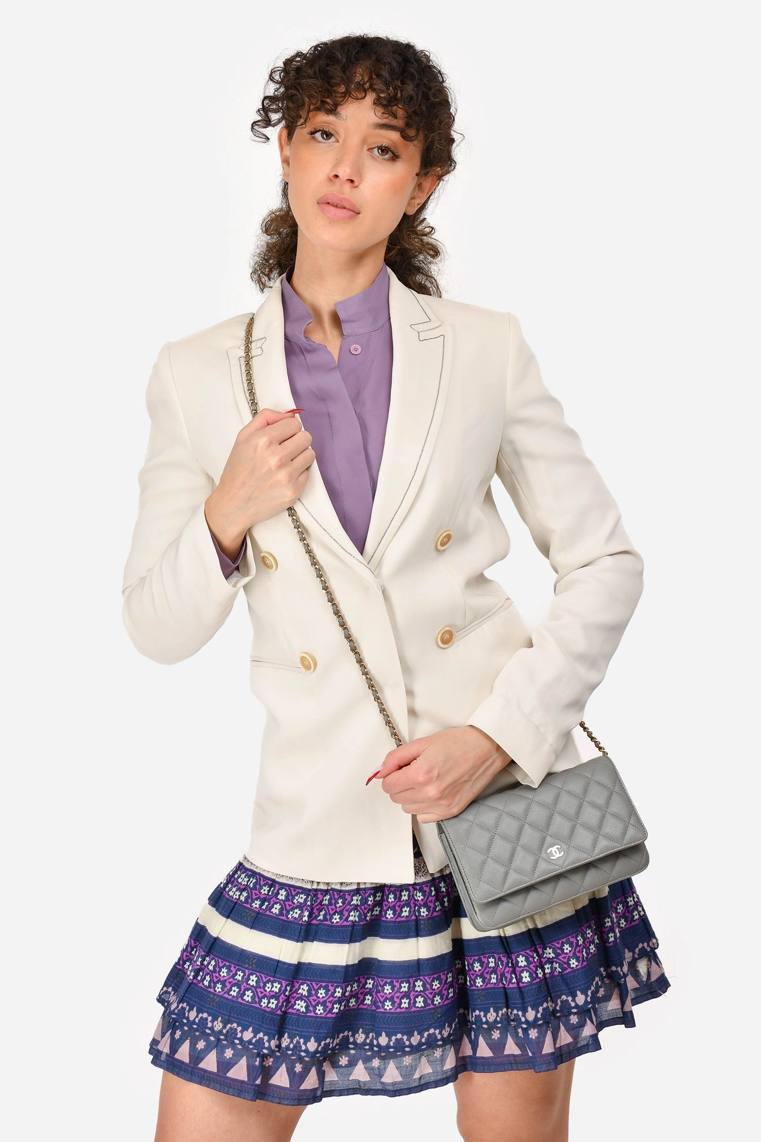 Chanel Grey Caviar Leather Wallet On Chain