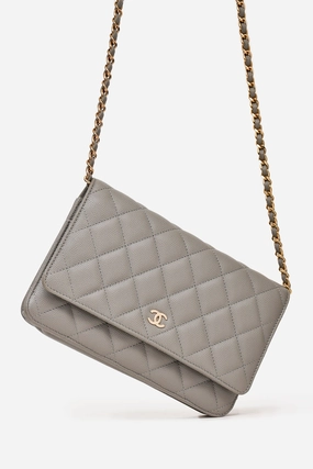 Chanel Grey Caviar Leather Wallet On Chain