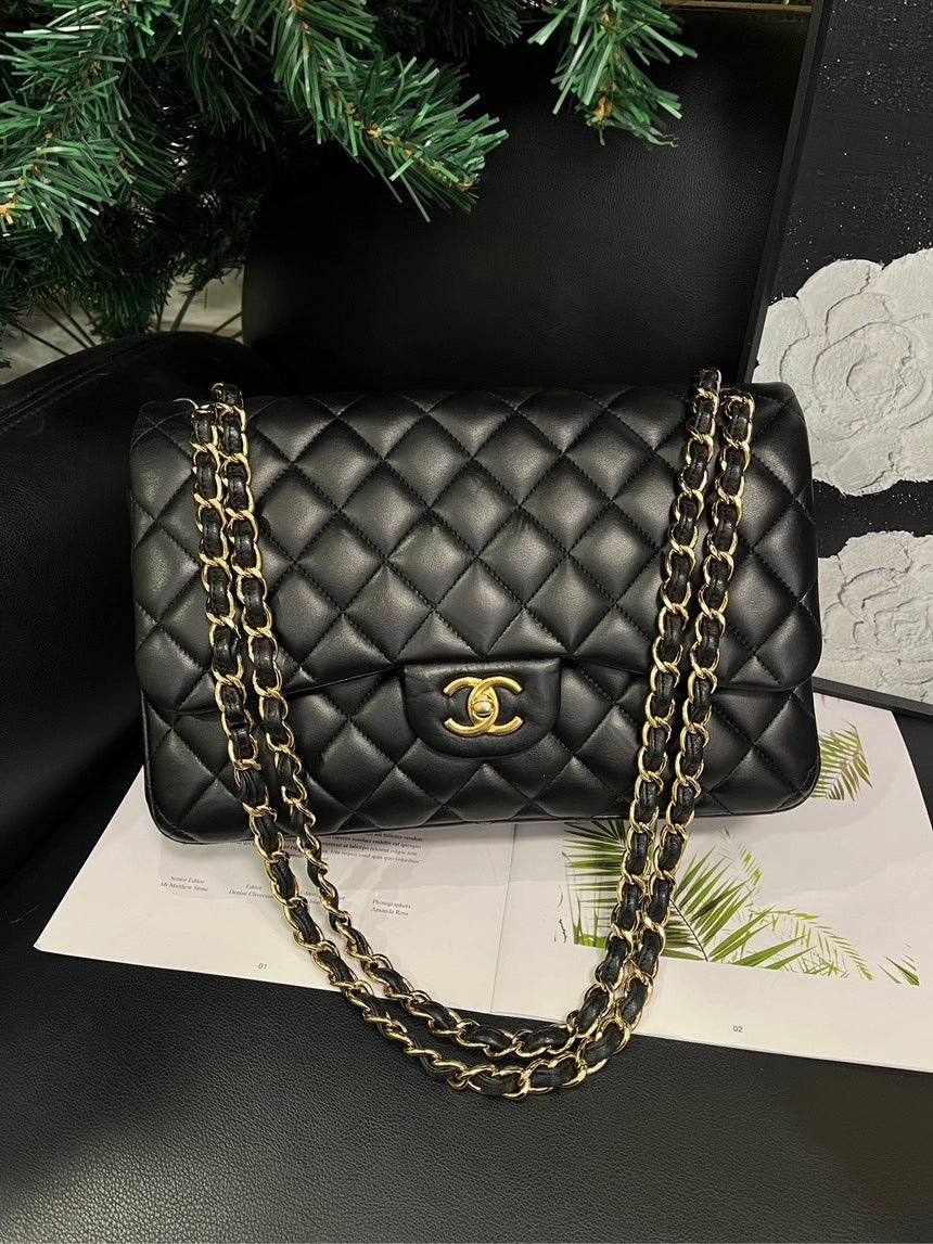Chanel Jumbo Black Gold Double Flap Crossbody Bag
