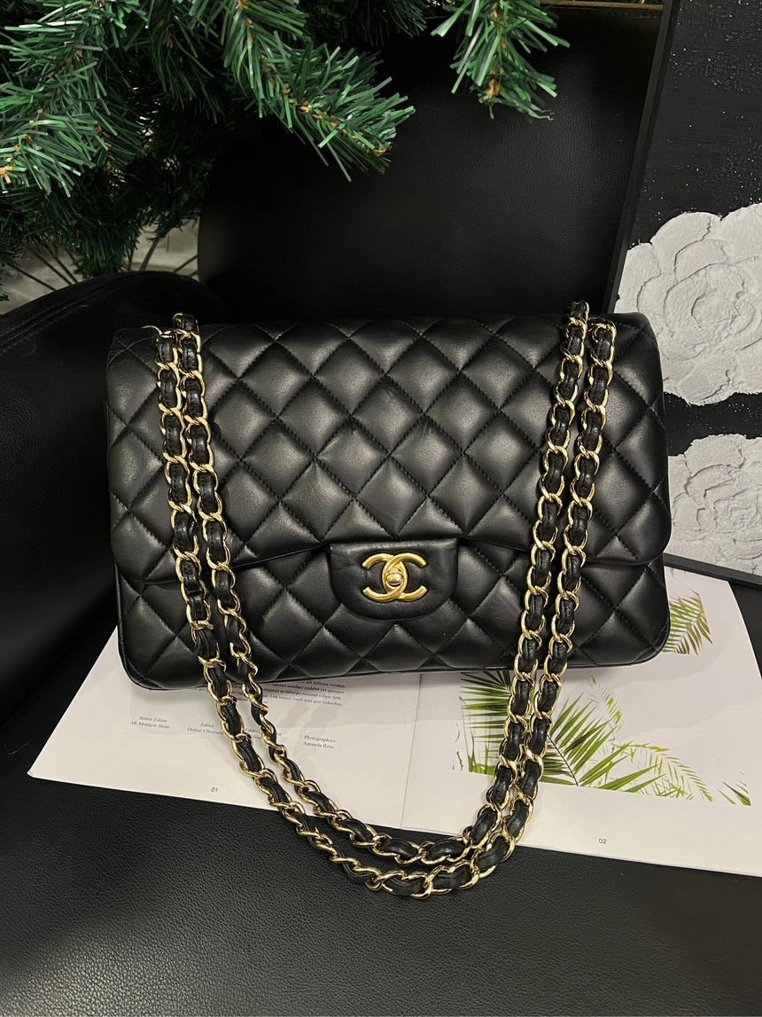 Chanel Jumbo Black Gold Double Flap Crossbody Bag