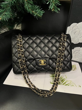 Chanel Jumbo Black Gold Double Flap Crossbody Bag