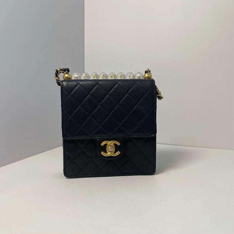 Chanel Quilted Black Crossbody Bag with Pearl Strap