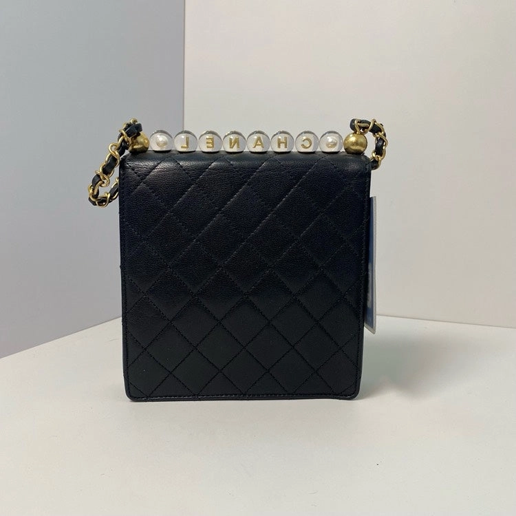 Chanel Quilted Black Crossbody Bag with Pearl Strap