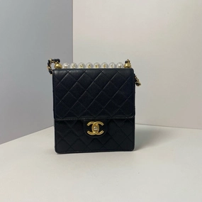 Chanel Quilted Black Crossbody Bag with Pearl Strap