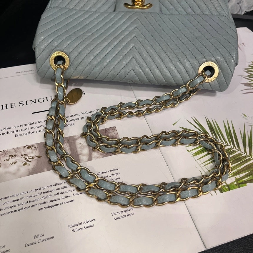 Chanel Smog Blue Gold Buckle V-Pattern CF Crossbody Bag