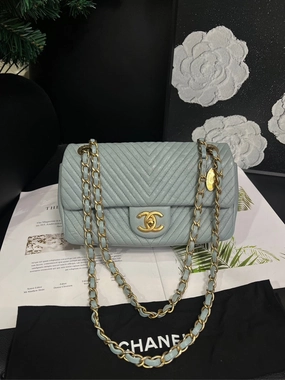 Chanel Smog Blue Gold Buckle V-Pattern CF Crossbody Bag