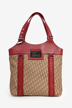 Christian Dior 2005 Vintage Brown Diorissimo Canvas/Red Leather Trim Tote Bag