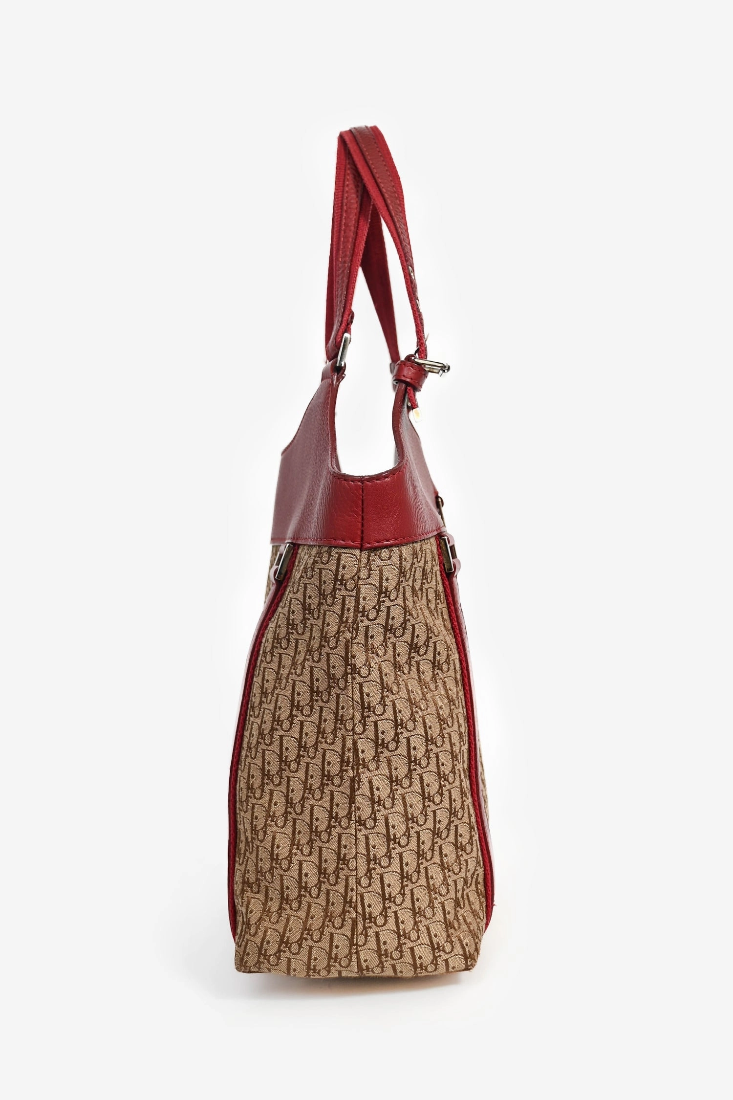 Christian Dior 2005 Vintage Brown Diorissimo Canvas/Red Leather Trim Tote Bag