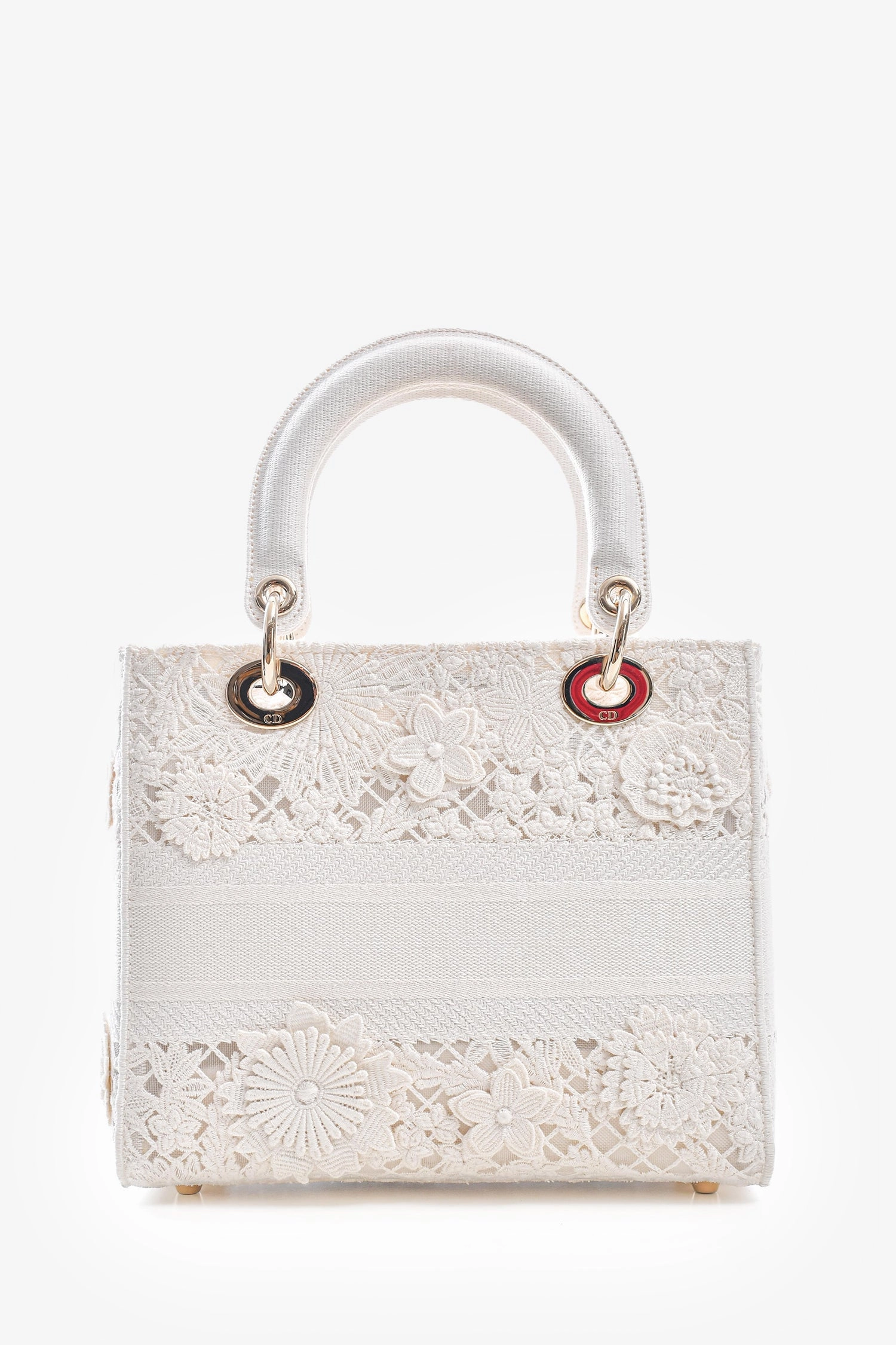 Christian Dior 2023 White Lace Floral Medium D-Lite Top Handle with Strap