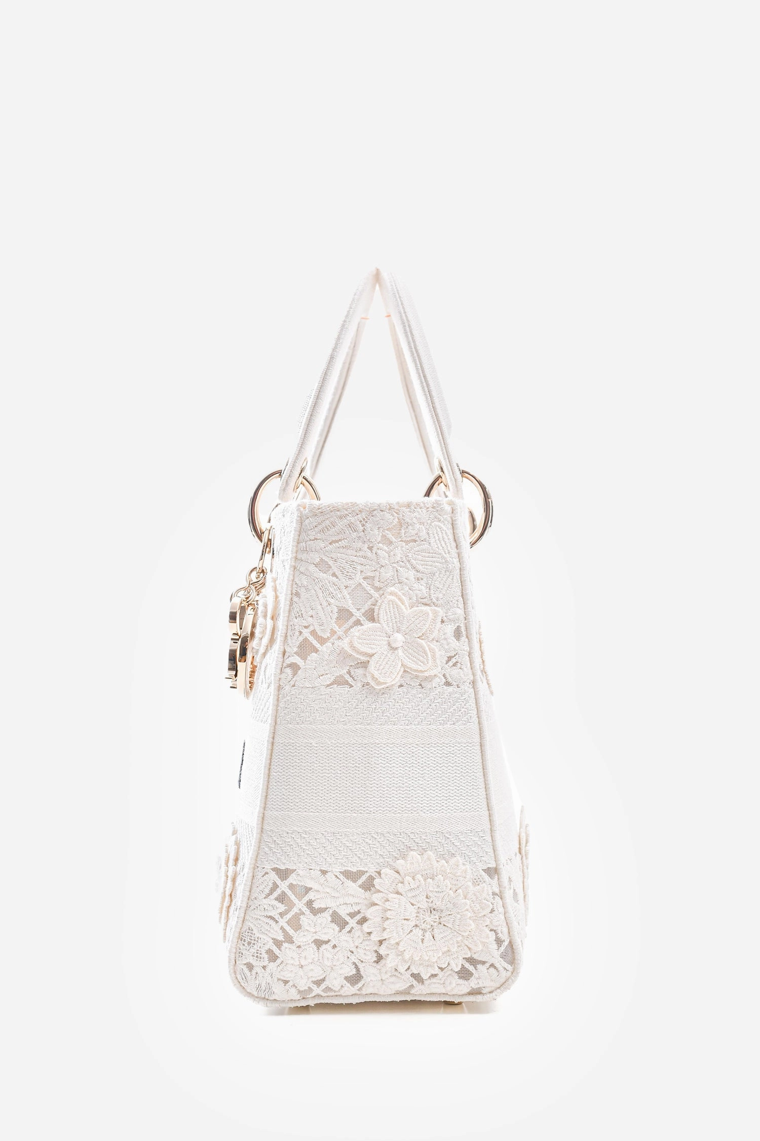 Christian Dior 2023 White Lace Floral Medium D-Lite Top Handle with Strap