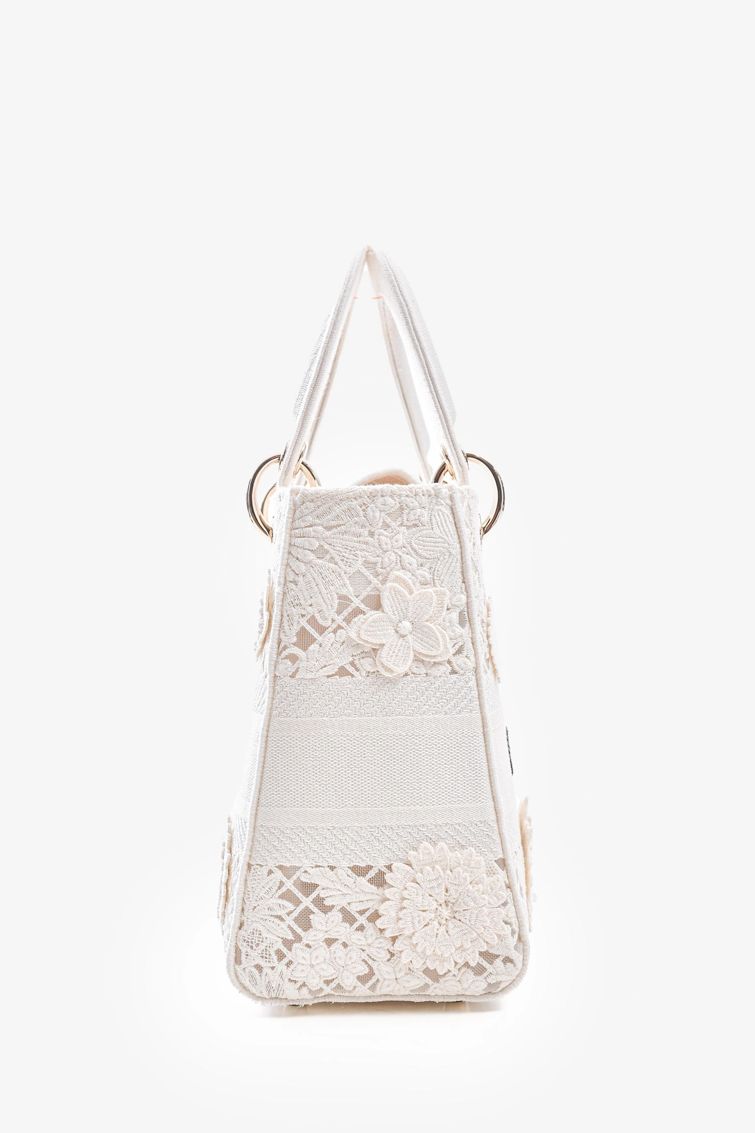 Christian Dior 2023 White Lace Floral Medium D-Lite Top Handle with Strap