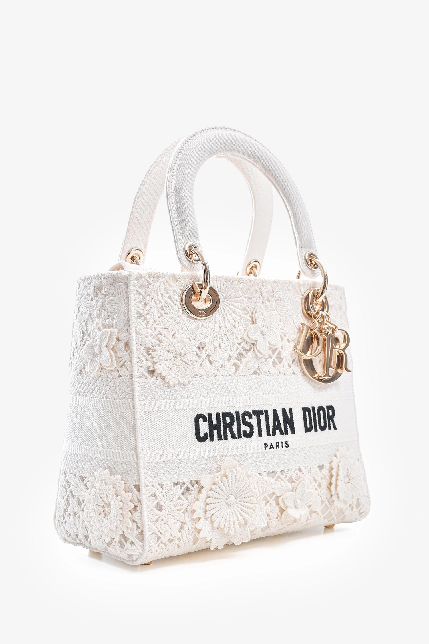 Christian Dior 2023 White Lace Floral Medium D-Lite Top Handle with Strap