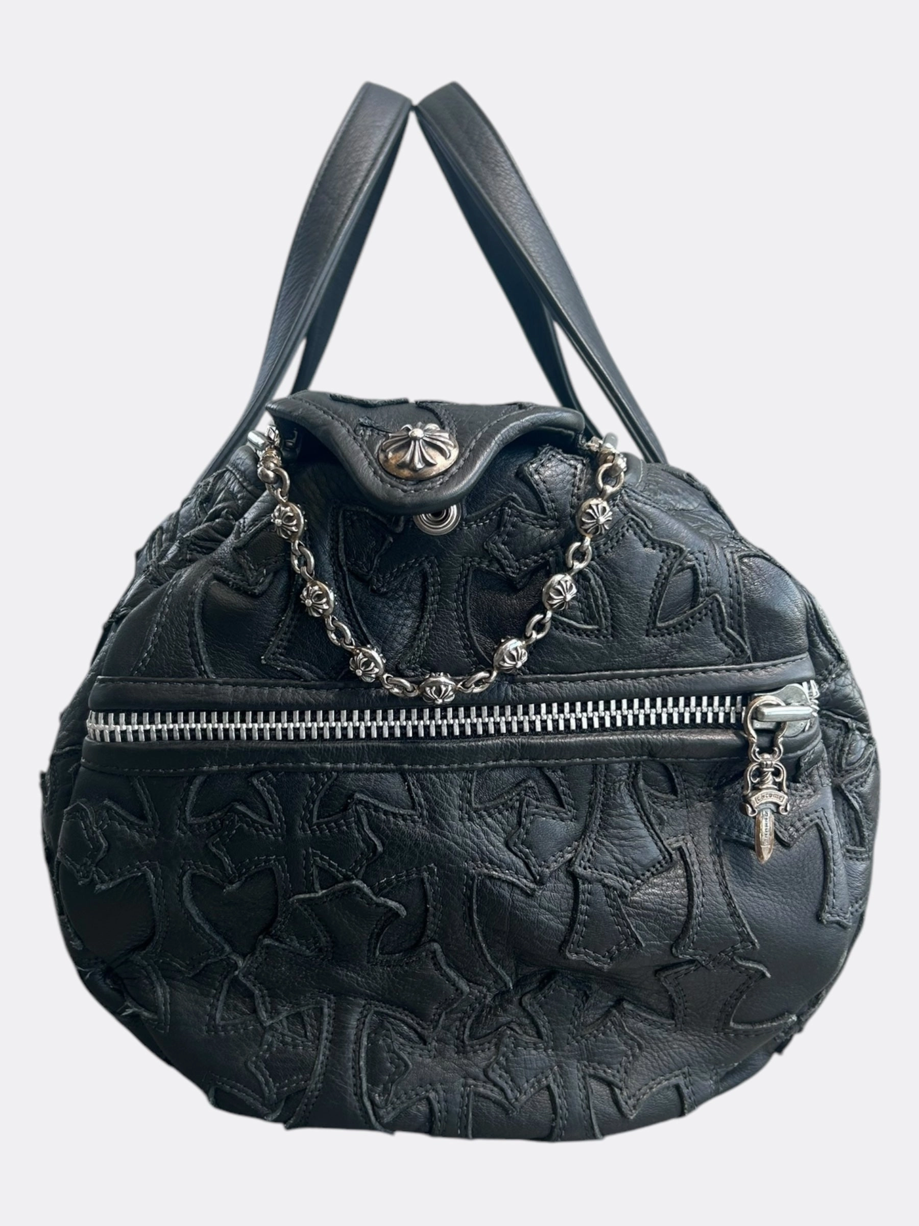 Chrome Hearts Black Leather Cross Patch Duffel Bag