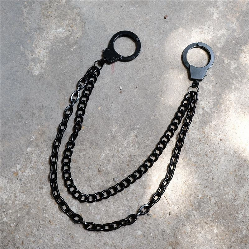 Cool Men's Black Handcuffs Double Long Wallet Chain Pants Chains Biker Wallet Chain For Men