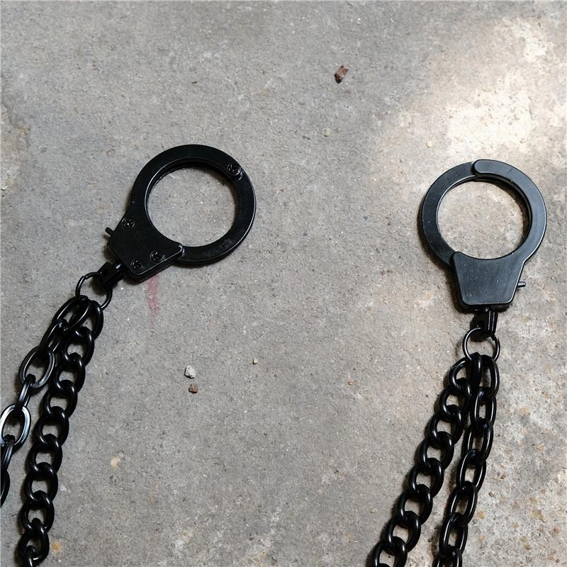 Cool Men's Black Handcuffs Double Long Wallet Chain Pants Chains Biker Wallet Chain For Men