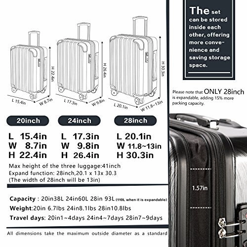COOLIFE Luggage Expandable(only 28") Suitcase PC ABS Spinner 20in 24in 28in Carry on (Wine Wind New, M(24in))