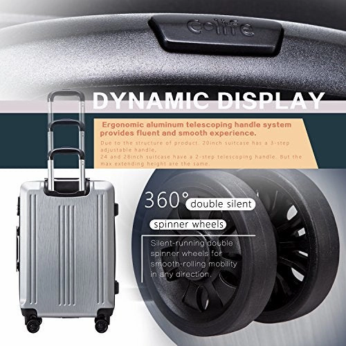 Coolife Luggage Expandable(only 28") Suitcase PC ABS with TSA Lock Spinner 20in 24in 28in (sliver, S(20in_carry on))