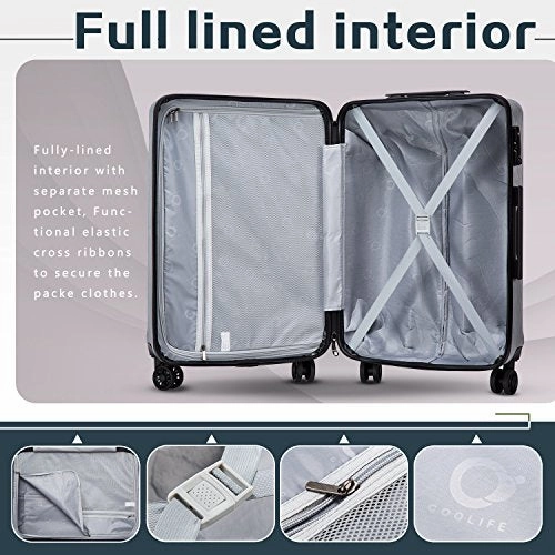 Coolife Luggage Expandable(only 28") Suitcase PC ABS with TSA Lock Spinner 20in 24in 28in (sliver, S(20in_carry on))