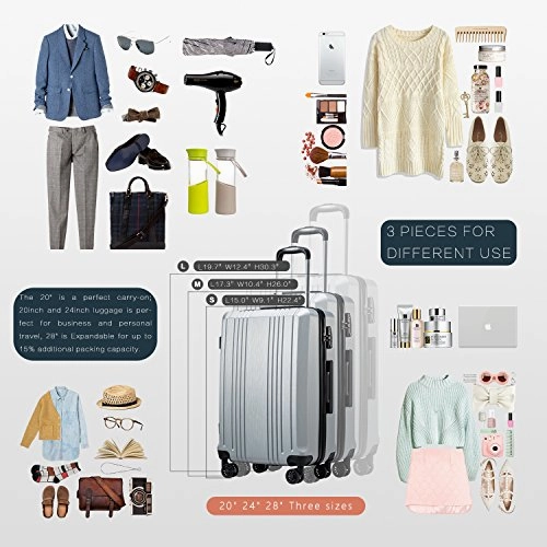 Coolife Luggage Expandable(only 28") Suitcase PC ABS with TSA Lock Spinner 20in 24in 28in (sliver, S(20in_carry on))