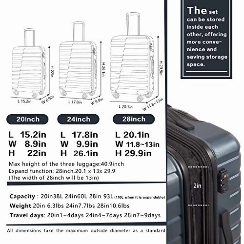 COOLIFE Luggage Expandable Suitcase PC ABS 3 Piece Set with TSA Lock Spinner Carry on new fashion design (gray, 3 piece set)