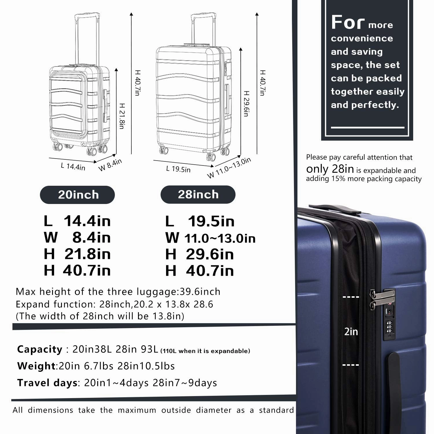 COOLIFE Luggage Suitcase Carry On 100% PC Spinner Trolley with Laptop pocket Compartmnet Luggage Set (business blue, 20in(carry on))