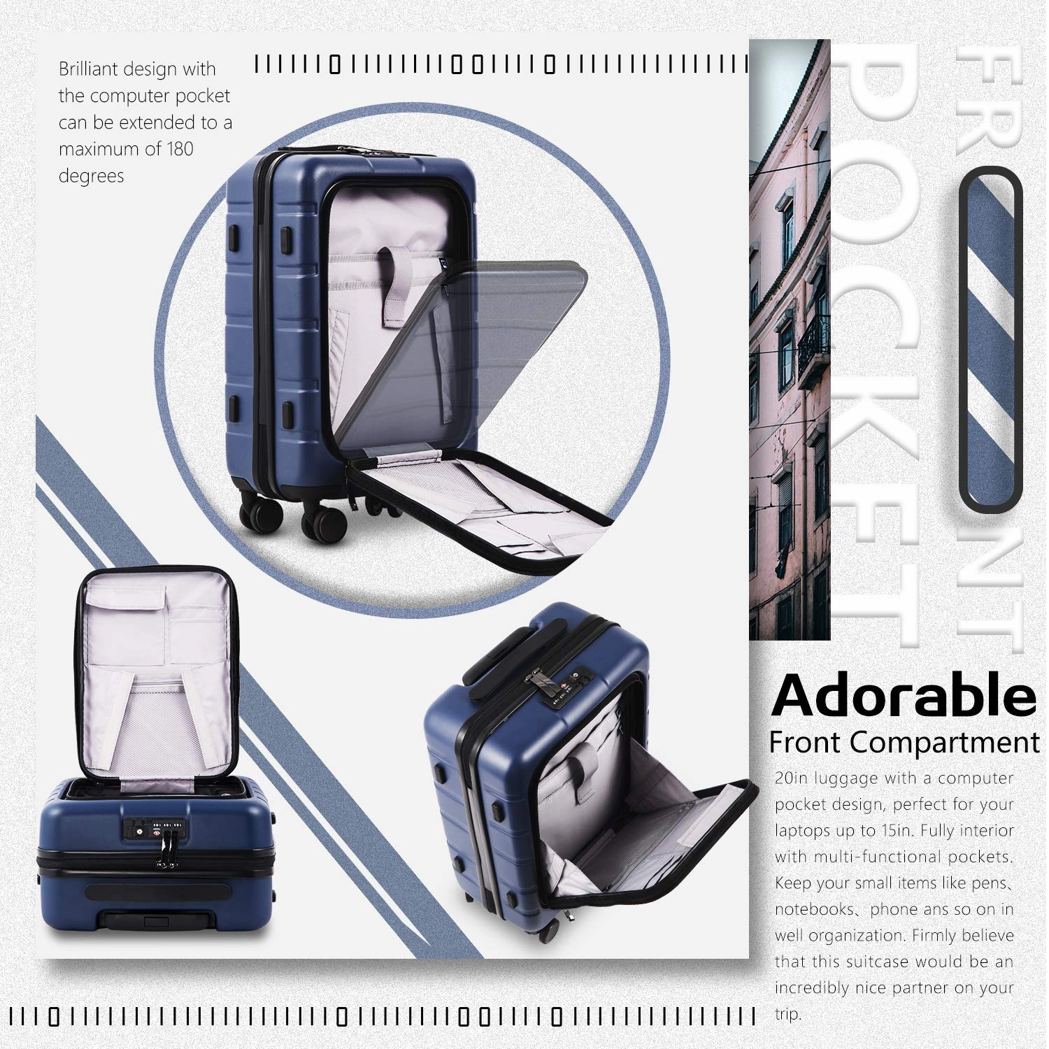COOLIFE Luggage Suitcase Carry On 100% PC Spinner Trolley with Laptop pocket Compartmnet Luggage Set (business blue, 20in(carry on))