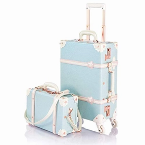 COTRUNKAGE 24 Inch Large Vintage Luggage Set 2 Pieces Rolling Suitcases for Women (13" & 24", Sky Blue)