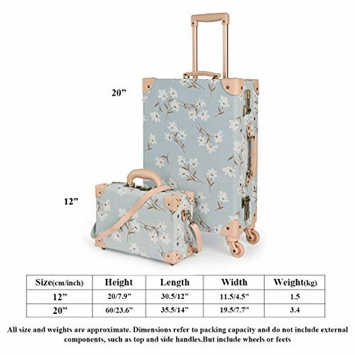 COTRUNKAGE Travel Carry On Luggage Trunk Set Vintage Suitcase for Women with TSA Lock (12" & 20", LightCyan Floral)