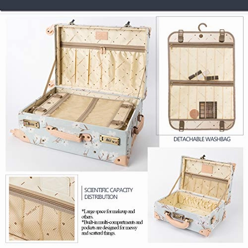 COTRUNKAGE Travel Carry On Luggage Trunk Set Vintage Suitcase for Women with TSA Lock (12" & 20", LightCyan Floral)