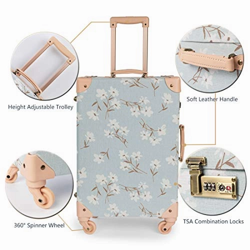 COTRUNKAGE Travel Carry On Luggage Trunk Set Vintage Suitcase for Women with TSA Lock (12" & 20", LightCyan Floral)