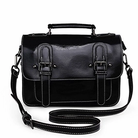 Damero Retro Genuine Leather Messenger Bag Women Crossbody Satchel Bag Briefcase (Black)