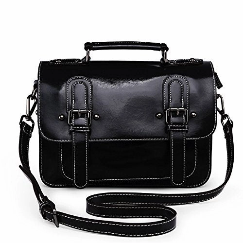 Damero Retro Genuine Leather Messenger Bag Women Crossbody Satchel Bag Briefcase (Black)