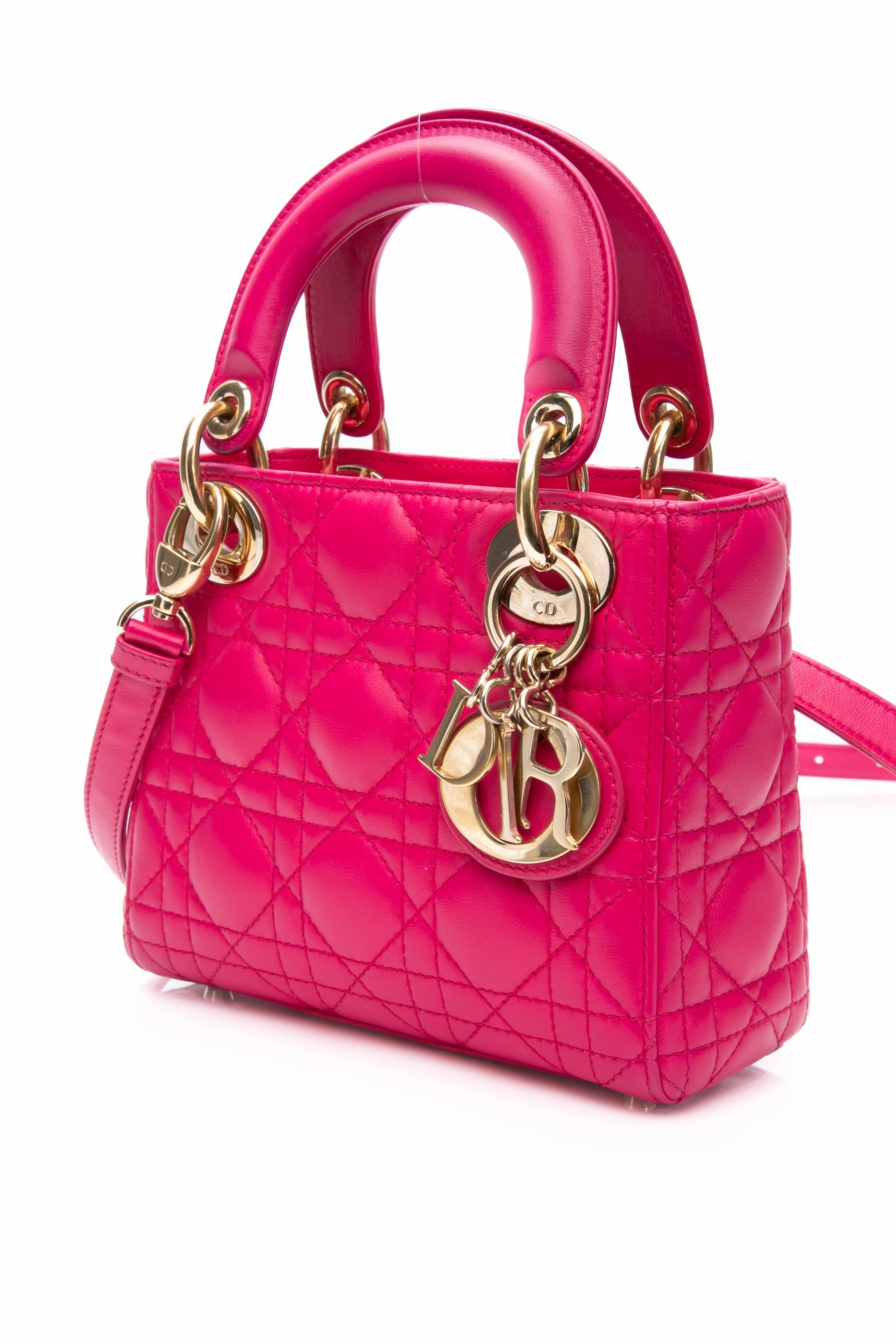 DIOR Lady Dior Mini Hot Pink Cannage Lambskin Leather Crossbody Bag