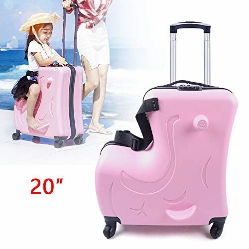 DNYSYSJ 20 Inch Children's Ride On Trolley Luggage, Portable Universal Wheel Luggage Carry On Luggage, Waterproof Unisex Boys Girls Travel Suitcase With Lock, ABS PU (Pink)