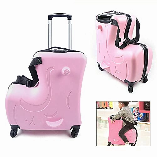 DNYSYSJ 20 Inch Children's Ride On Trolley Luggage, Portable Universal Wheel Luggage Carry On Luggage, Waterproof Unisex Boys Girls Travel Suitcase With Lock, ABS PU (Pink)