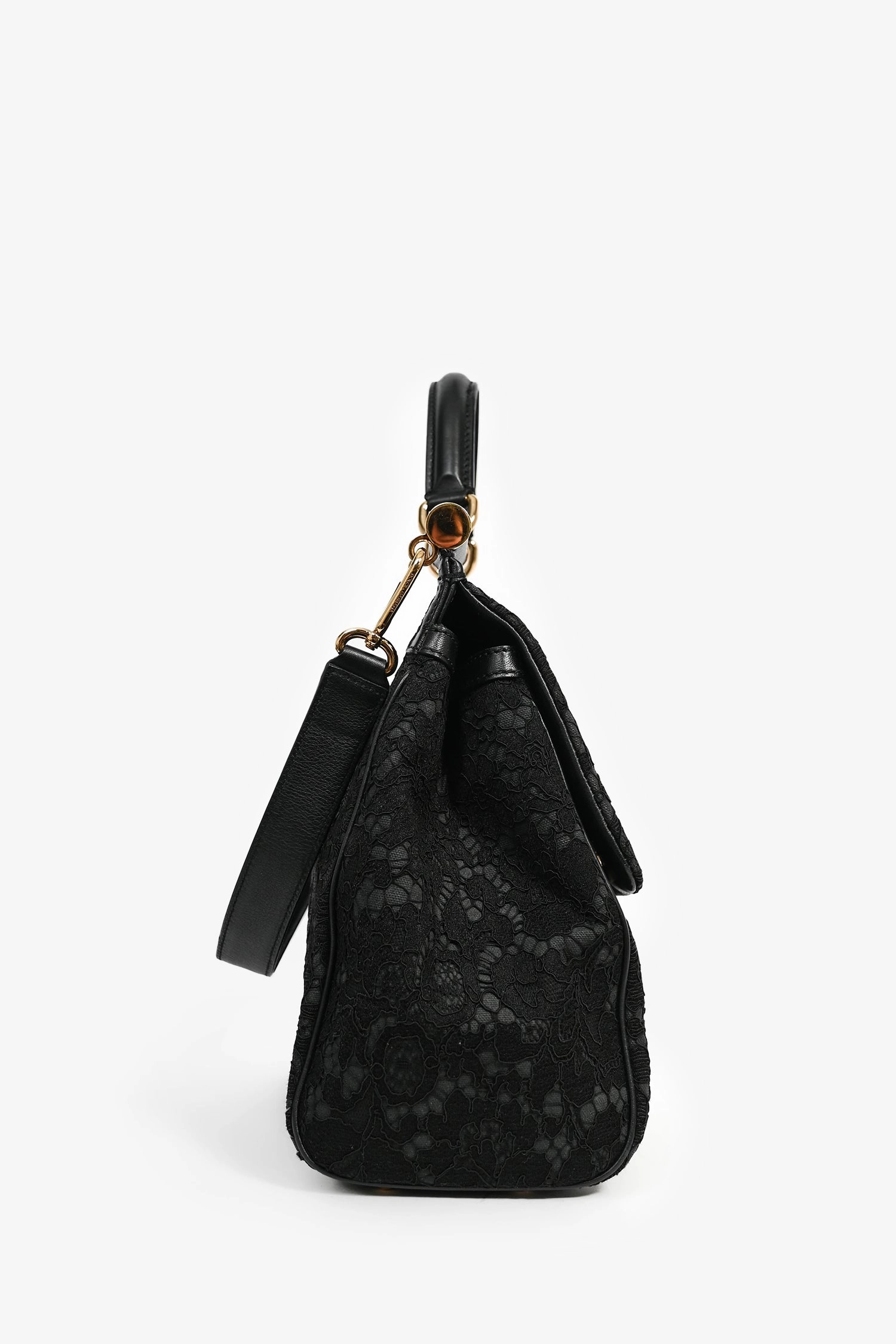 Dolce & Gabbana Black Lace Large Miss Sicily Top Handle Bag with Strap