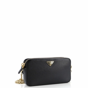 Double Zip Wallet on Chain Crossbody Saffiano Leather Mini